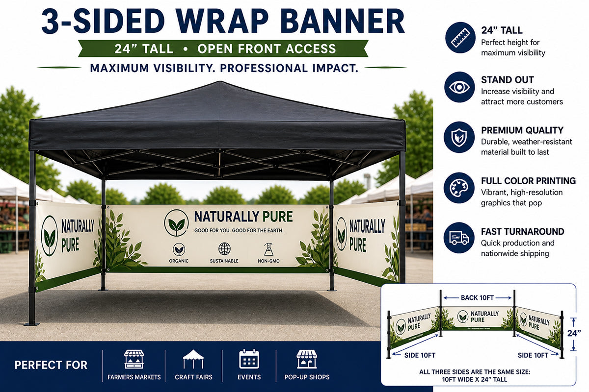 Three-sided 10x10 tent banner branding a vendor booth