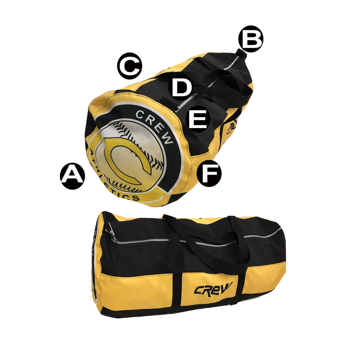 Custom duffel bag with the six personalization locations labelled A to F