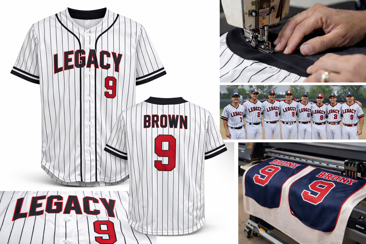 Pinstripe custom button-up baseball jersey, front, back and fabric detail