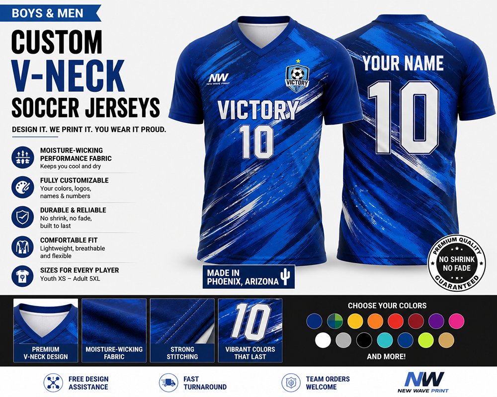 Custom V-neck soccer jersey for boys and men in team colors