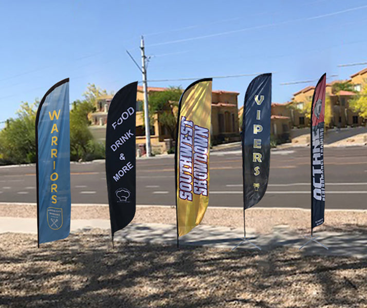 A variety of custom full-color feather flag designs
