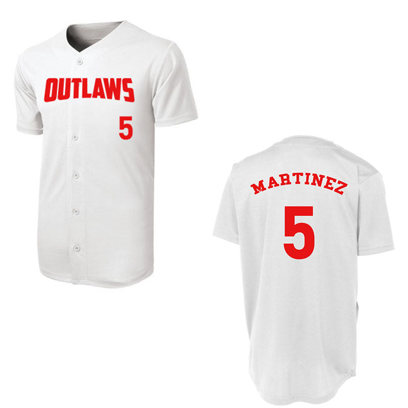 Outlaw button-up baseball jersey shown front and back