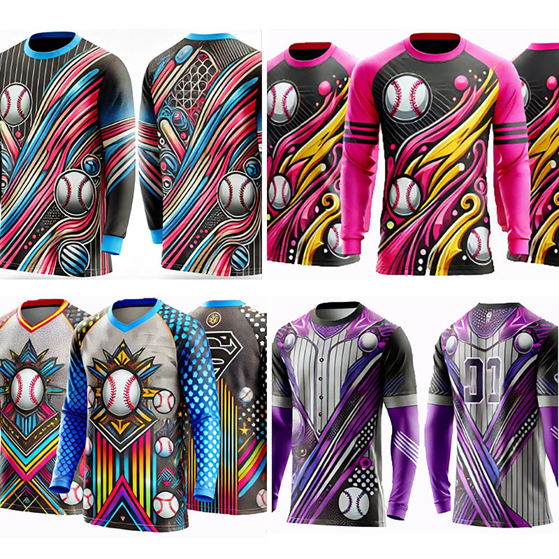 Custom long-sleeve kickball jerseys in a range of team designs