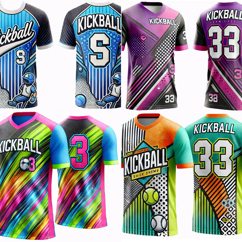 Custom short sleeve kickball jerseys in a range of team designs