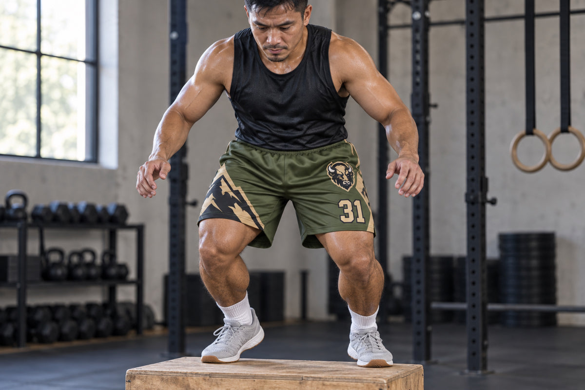 Athlete landing from a box jump in an industrial training gym wearing army green custom sublimated athletic shorts with number 31.