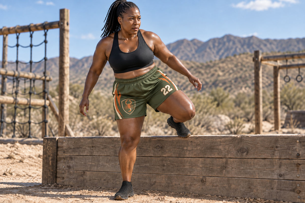 Obstacle-course athlete stepping over a low wall in desert terrain wearing army green custom sublimated athletic shorts with number 22.