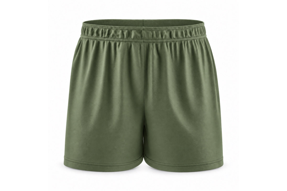 Front view of blank army green custom sublimated athletic shorts with elastic waistband and stitched hems on a white background.