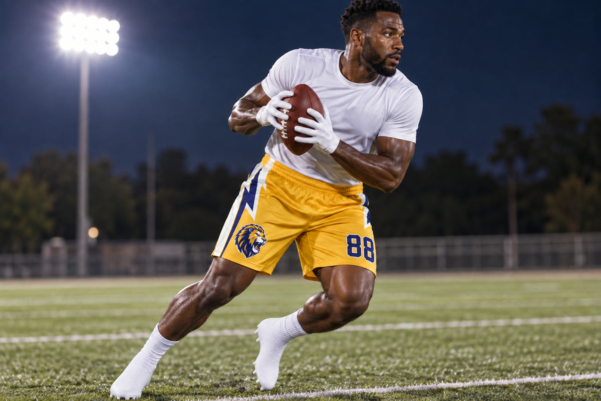 Football receiver securing a catch while turning upfield wearing athletic gold custom sublimated athletic shorts with number 88.