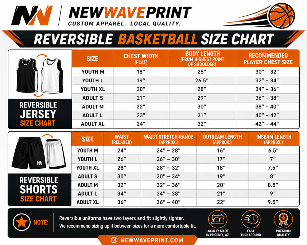 Reversible basketball uniform size chart for youth and adult players