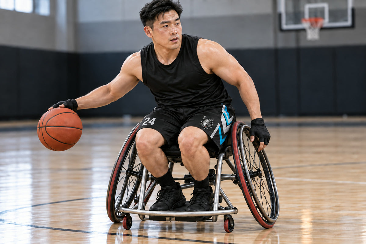 Wheelchair basketball player driving with the ball on an indoor court wearing black custom sublimated athletic shorts with number 24.