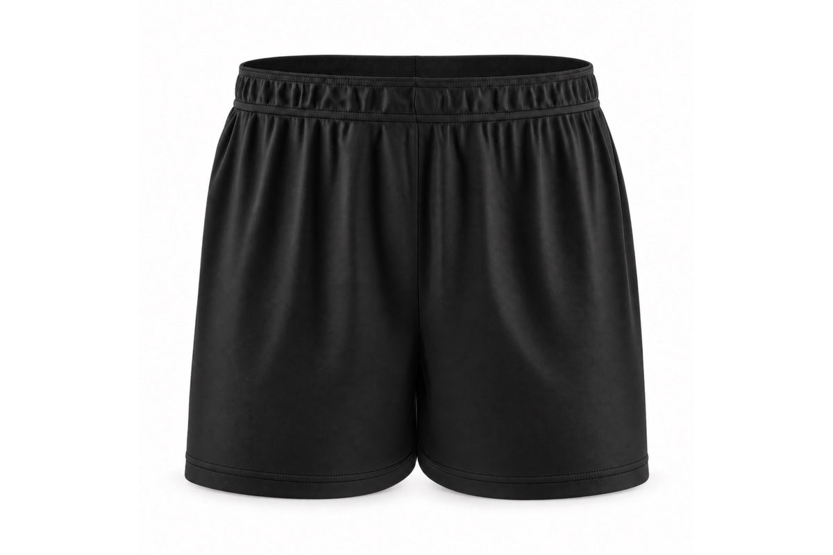 Front view of blank black custom sublimated athletic shorts with elastic waistband and stitched hems on a white background.