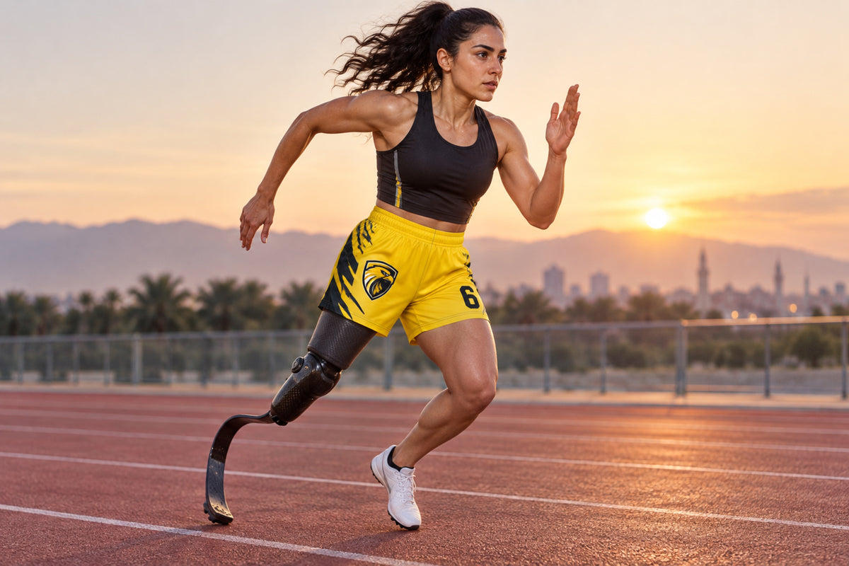 Para sprinter accelerating on an outdoor track with a running blade wearing bright yellow custom sublimated athletic shorts with number 6.