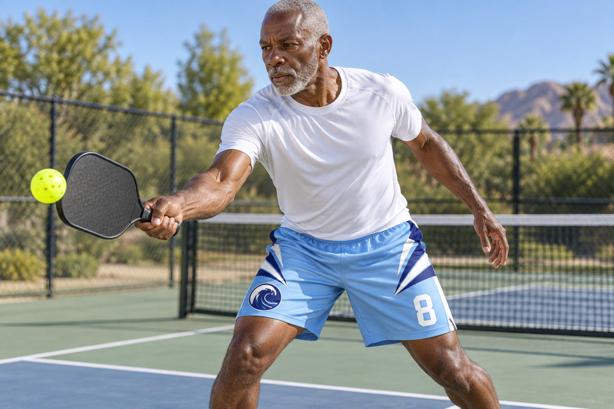 Masters pickleball player stepping into a forehand volley outdoors wearing carolina blue custom sublimated athletic shorts with number 8.