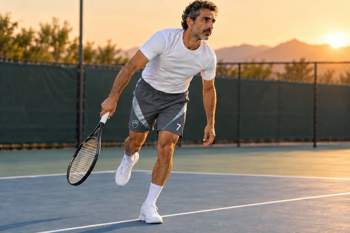 Tennis player landing after a serve on an outdoor hard court wearing charcoal custom sublimated athletic shorts with number 7.