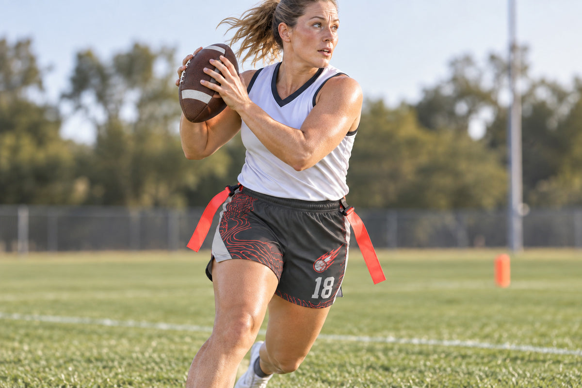 Flag football player securing a catch while turning upfield wearing charcoal custom sublimated athletic shorts with number 18.