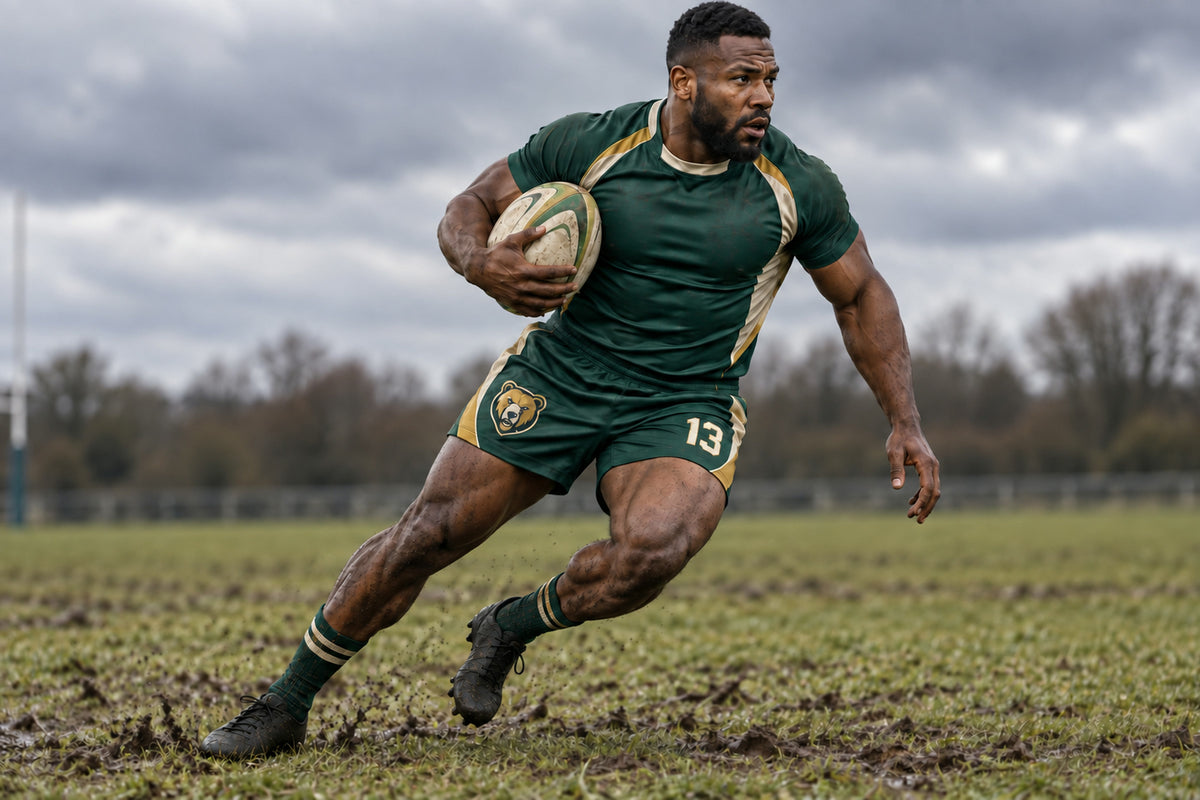 Rugby player carrying the ball through a lateral cut on a muddy pitch wearing forest green custom sublimated athletic shorts with number 13.