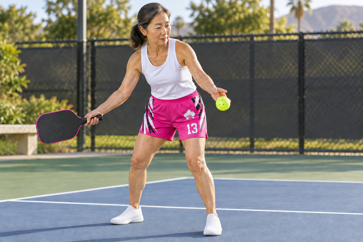 Masters pickleball player beginning an underhand serve outdoors wearing hot pink custom sublimated athletic shorts with number 13.