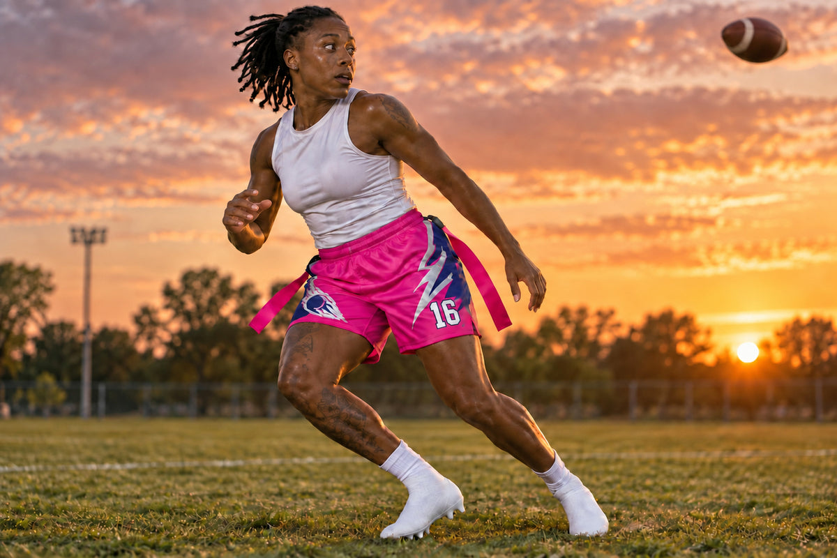 Flag football player making a route cut while looking back for the ball wearing hot pink custom sublimated athletic shorts with number 16.
