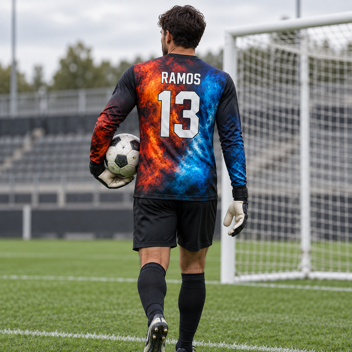 Inferno Frost custom goalkeeper jersey worn by male goalkeeper, full back view, RAMOS 13