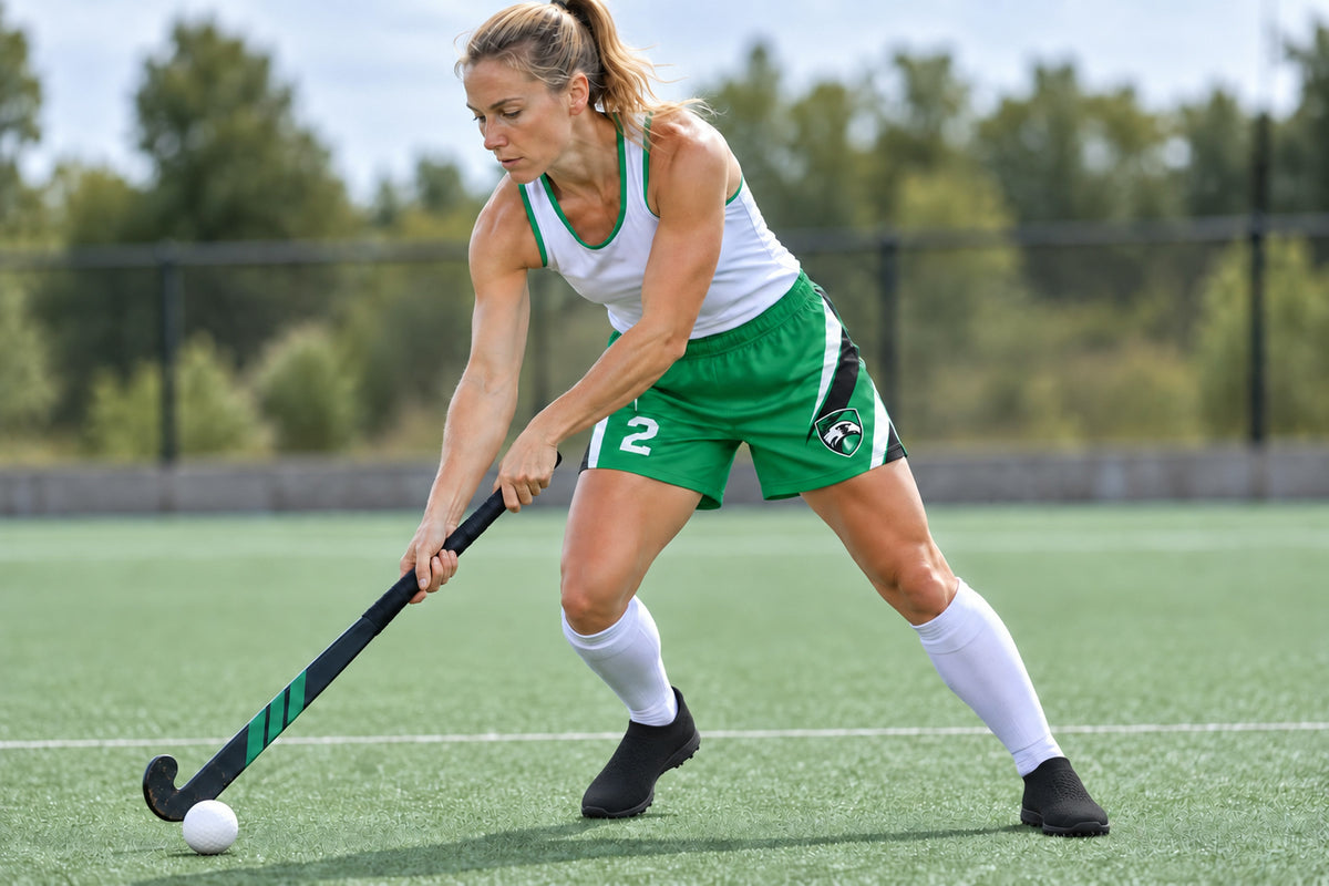 Field hockey player executing a push pass on outdoor turf wearing kelly green custom sublimated athletic shorts with number 2.