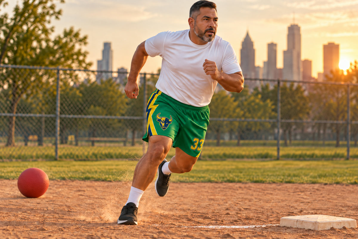 Kickball player sprinting toward first base at golden hour wearing kelly green custom sublimated athletic shorts with number 33.