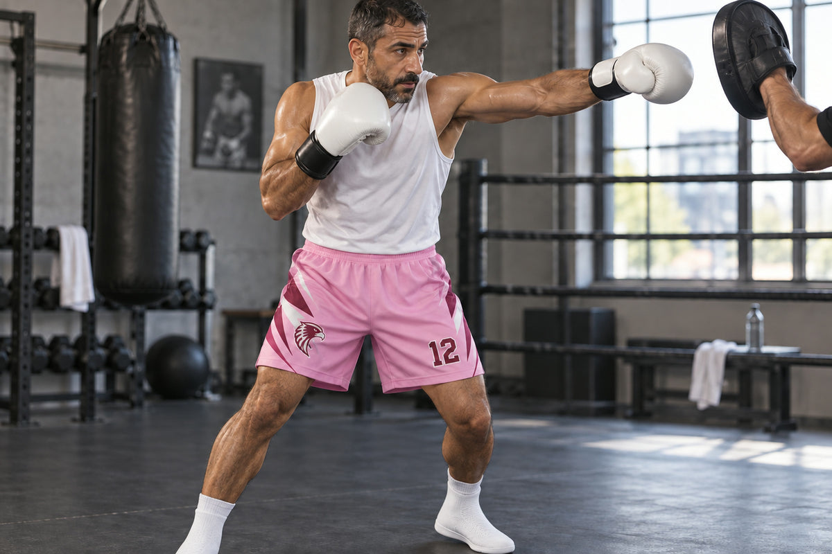 Boxer delivering a straight punch toward a trainer's focus mitt wearing light pink custom sublimated athletic shorts with number 12.