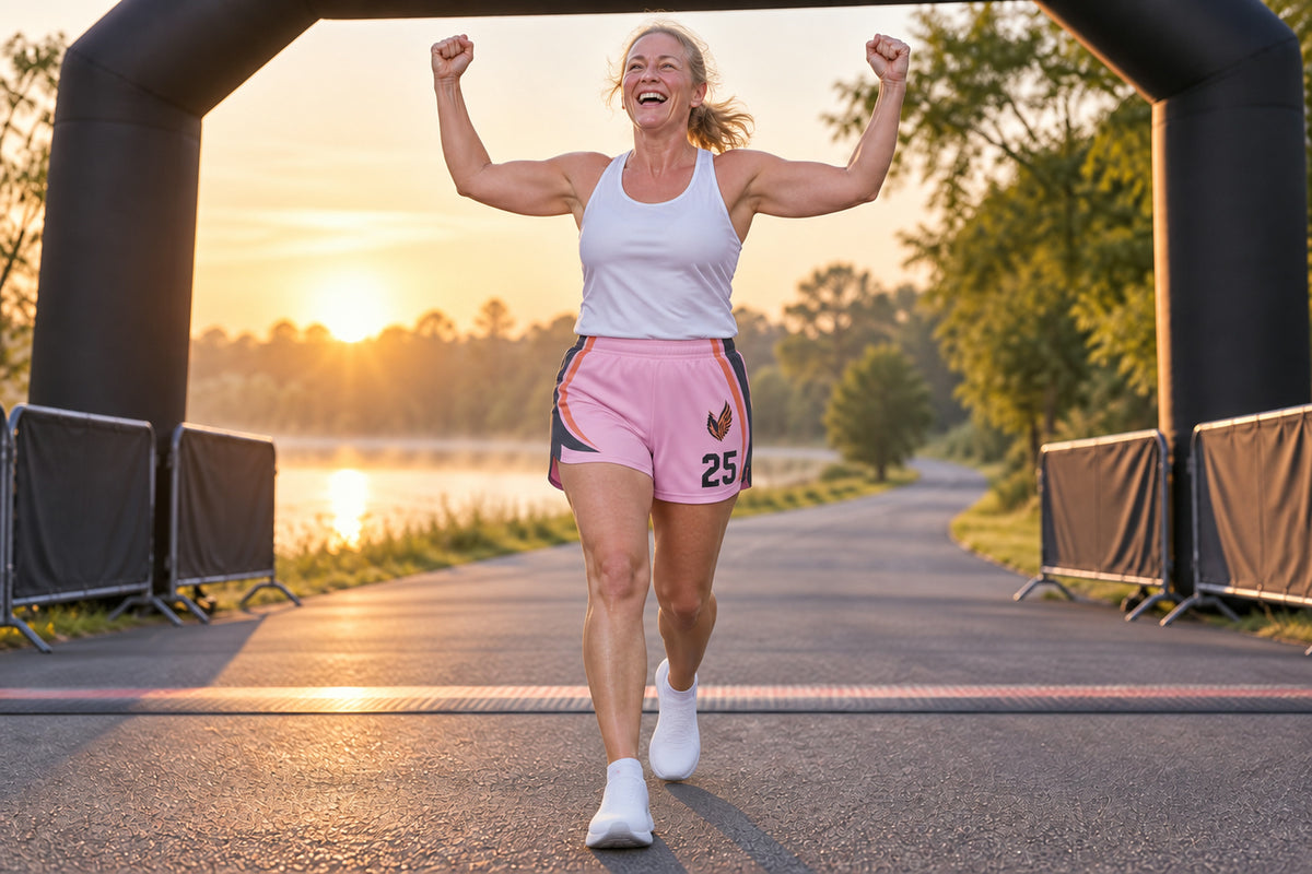 Masters road runner crossing a park-road finish at sunrise wearing light pink custom sublimated athletic shorts with number 25.