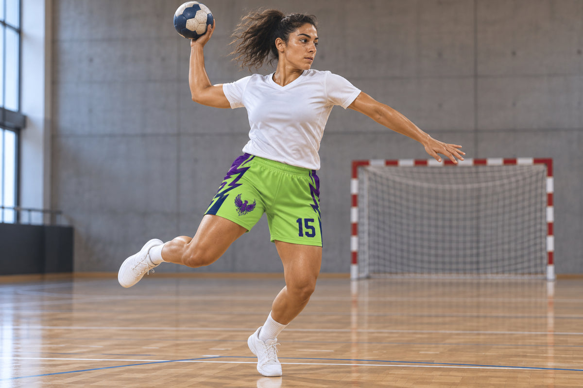 Team handball player landing from a jump shot on an indoor court wearing lime green custom sublimated athletic shorts with number 15.