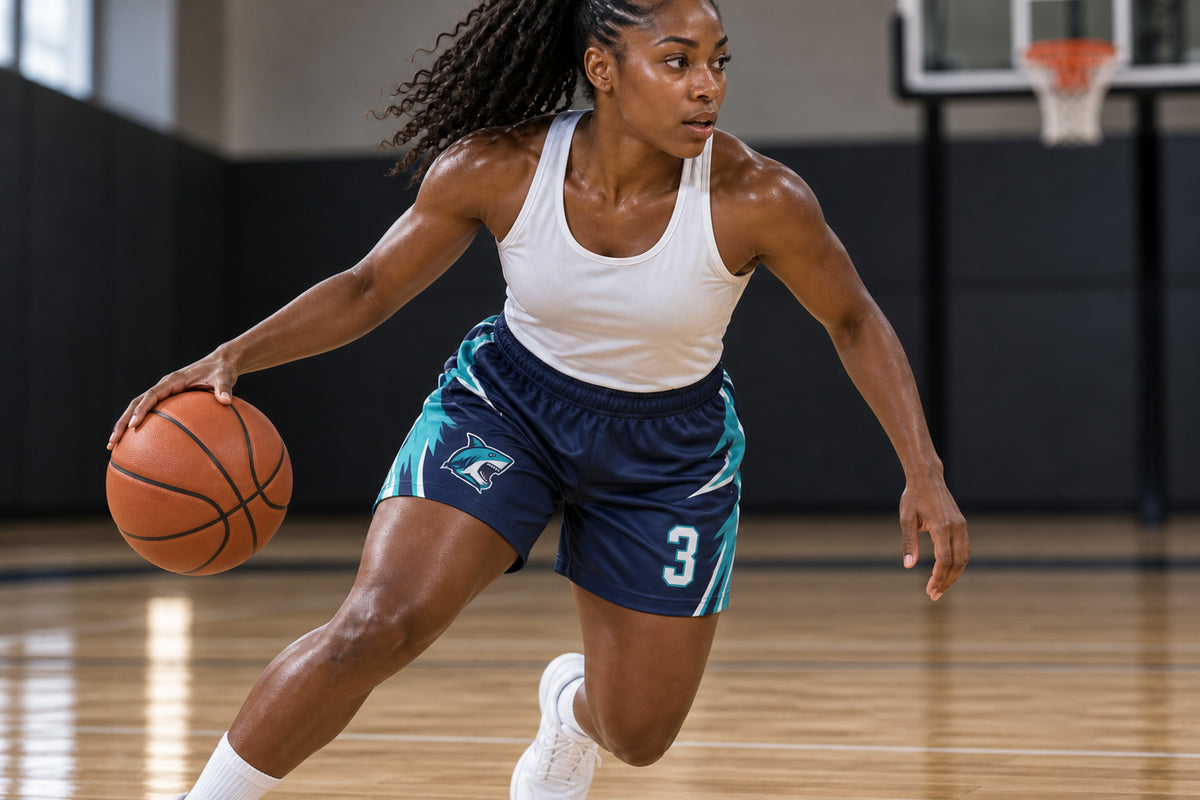 Basketball player driving through a low crossover on an indoor court wearing navy custom sublimated athletic shorts with number 3.