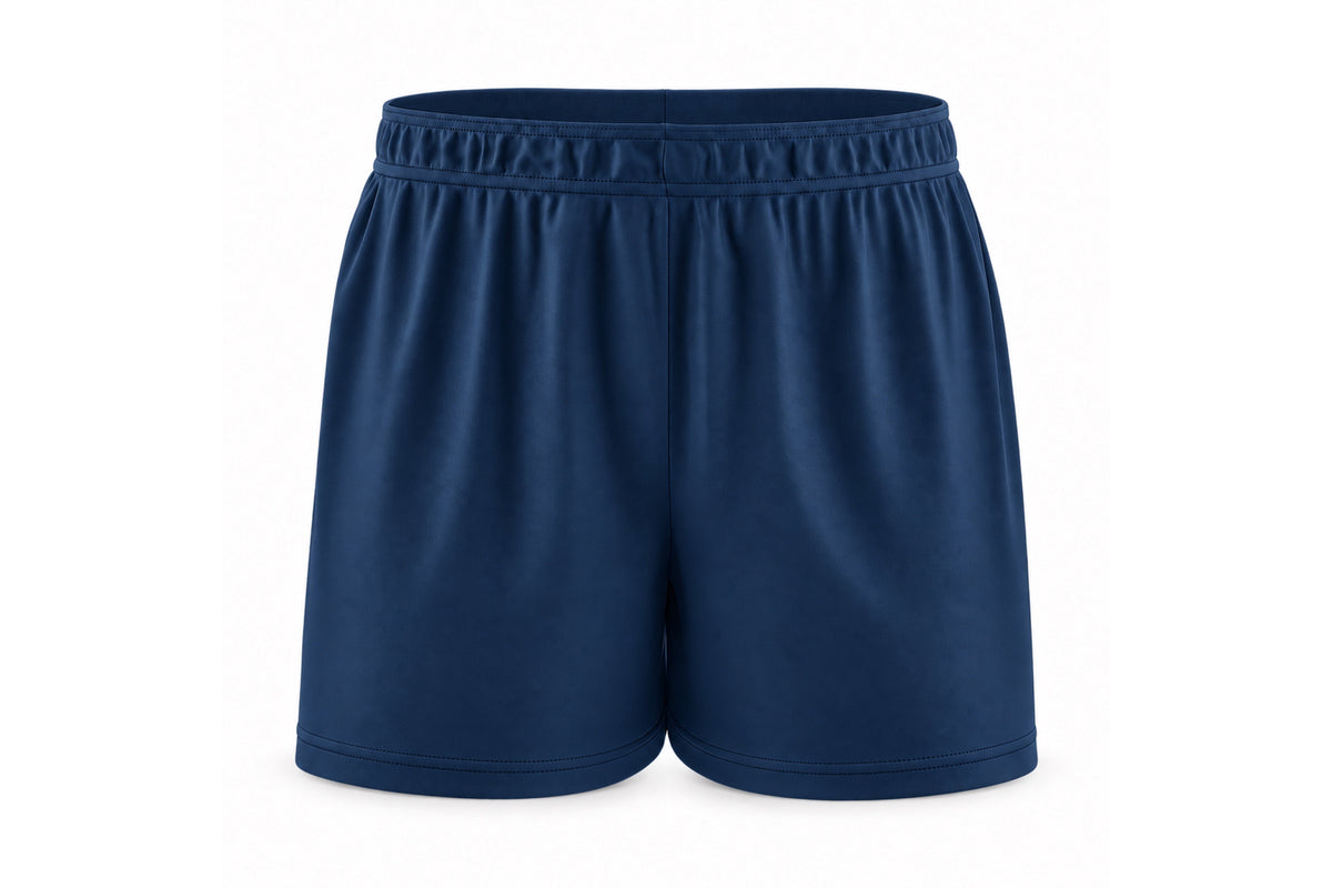 Front view of blank navy custom sublimated athletic shorts with elastic waistband and stitched hems on a white background.
