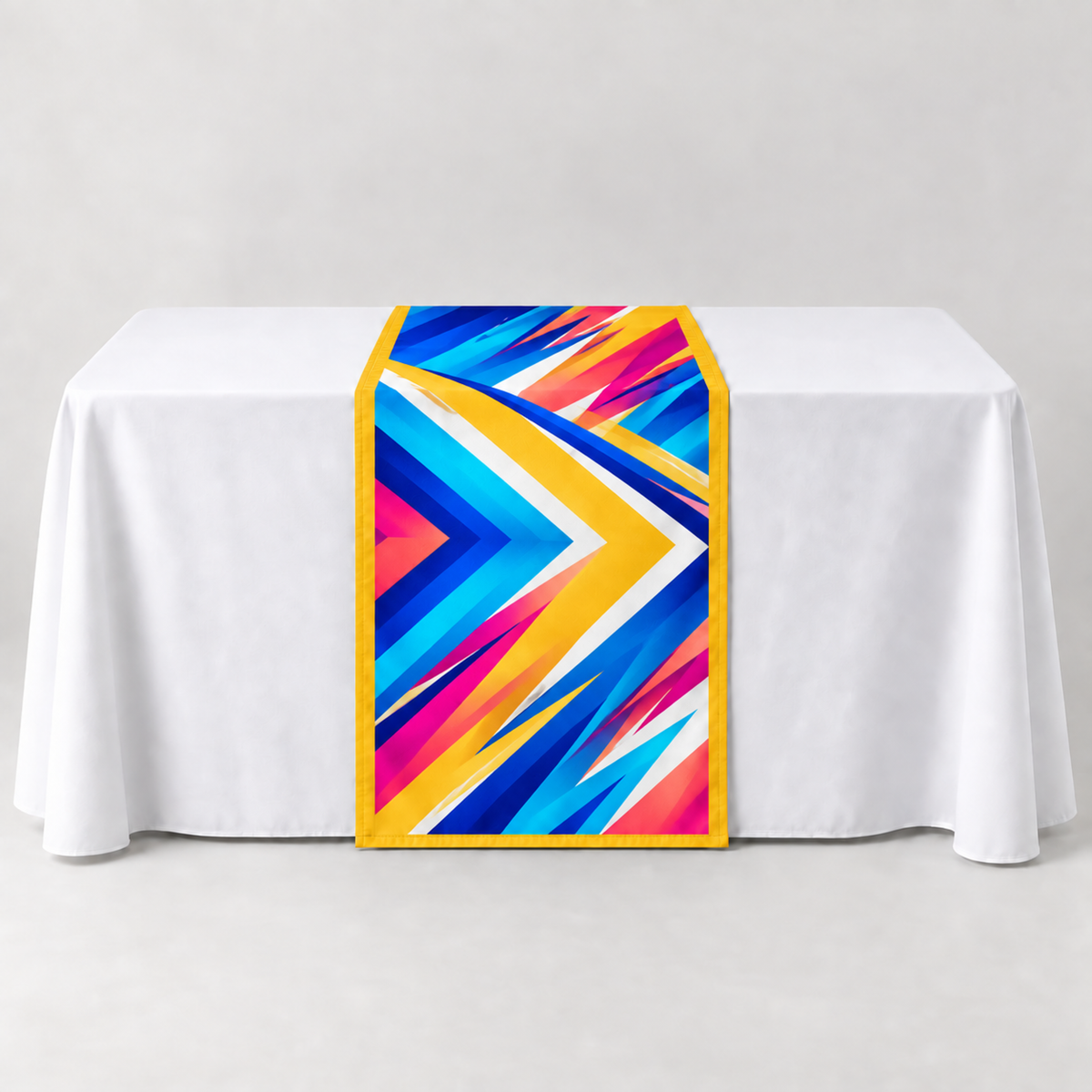 Athletic Gold 30 × 60 inch table runner with a vibrant geometric custom-print example
