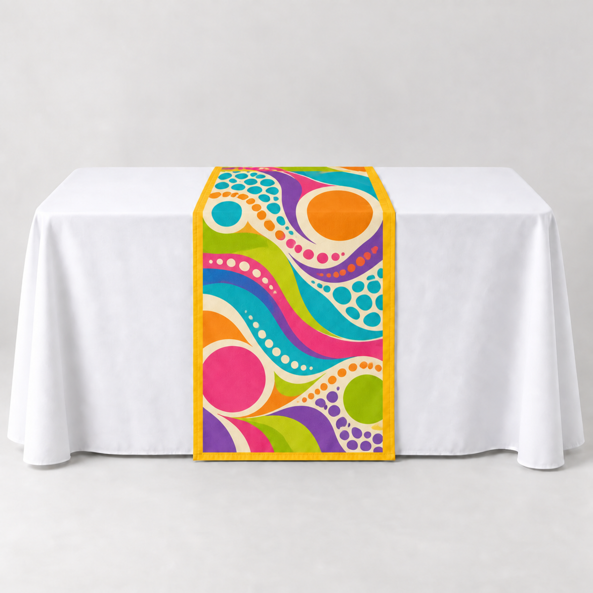 Athletic Gold 30 × 60 inch table runner with a vibrant organic custom-print example