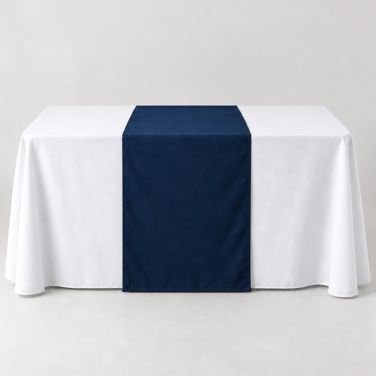 Blank Athletic Navy 30 × 60 inch table runner displayed over a white event table