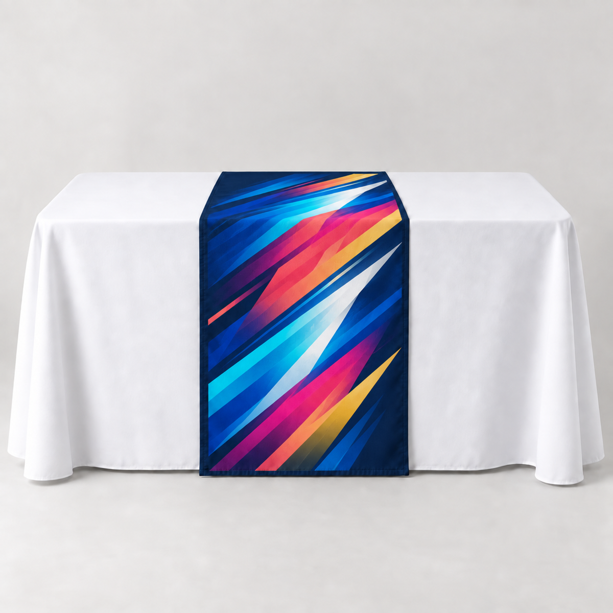 Athletic Navy 30 × 60 inch table runner with a vibrant geometric custom-print example