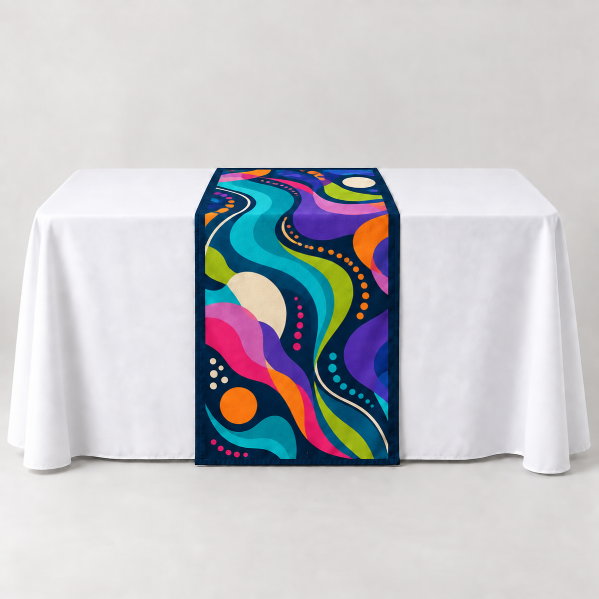 Athletic Navy 30 × 60 inch table runner with a vibrant organic custom-print example