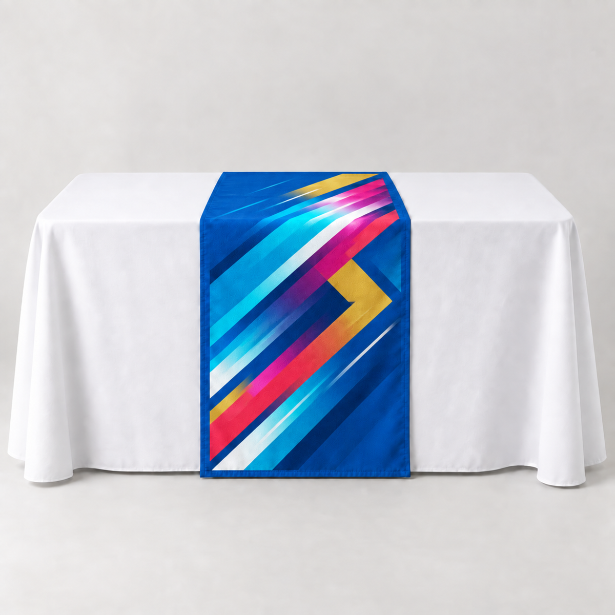 Athletic Royal 30 × 60 inch table runner with a vibrant geometric custom-print example