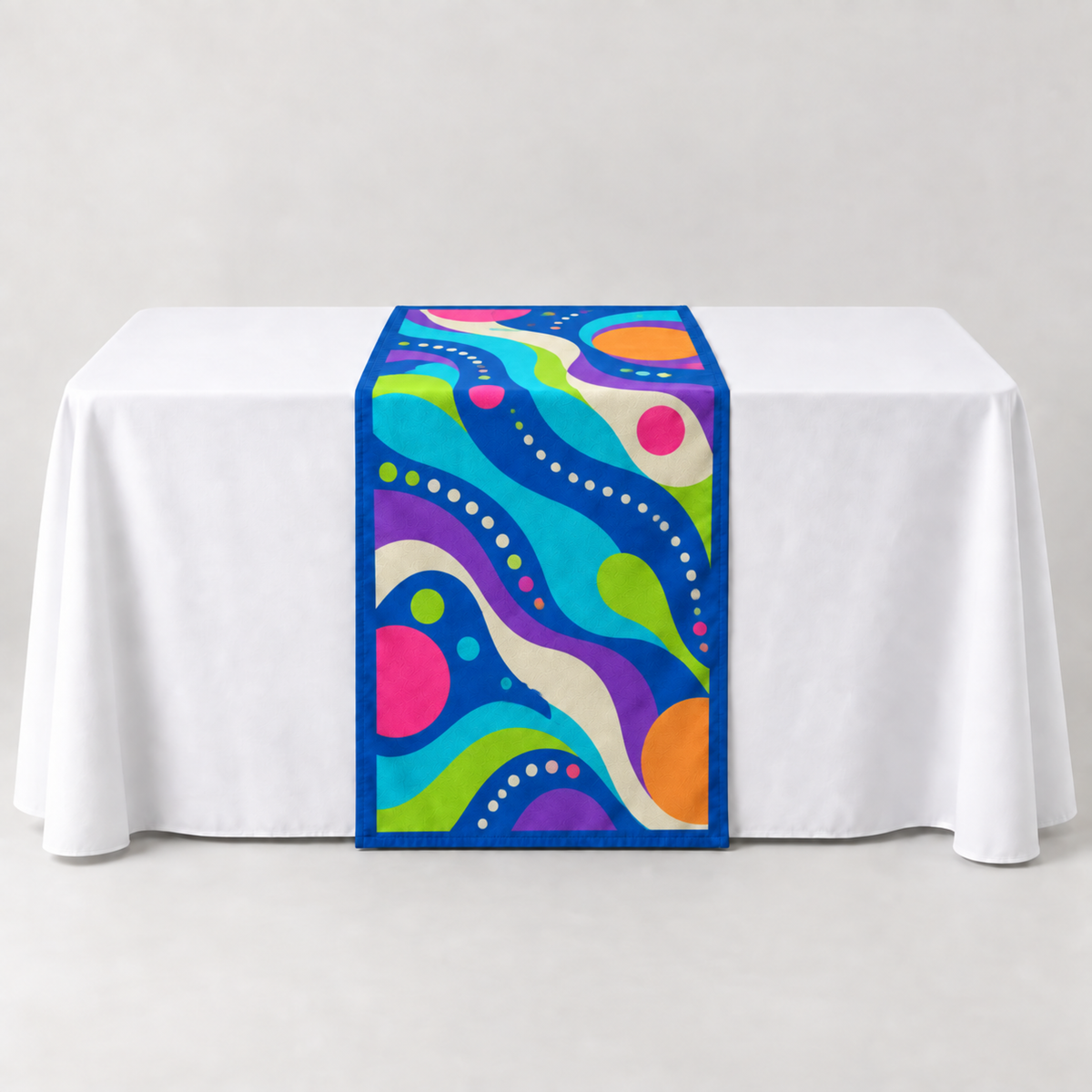 Athletic Royal 30 × 60 inch table runner with a vibrant organic custom-print example