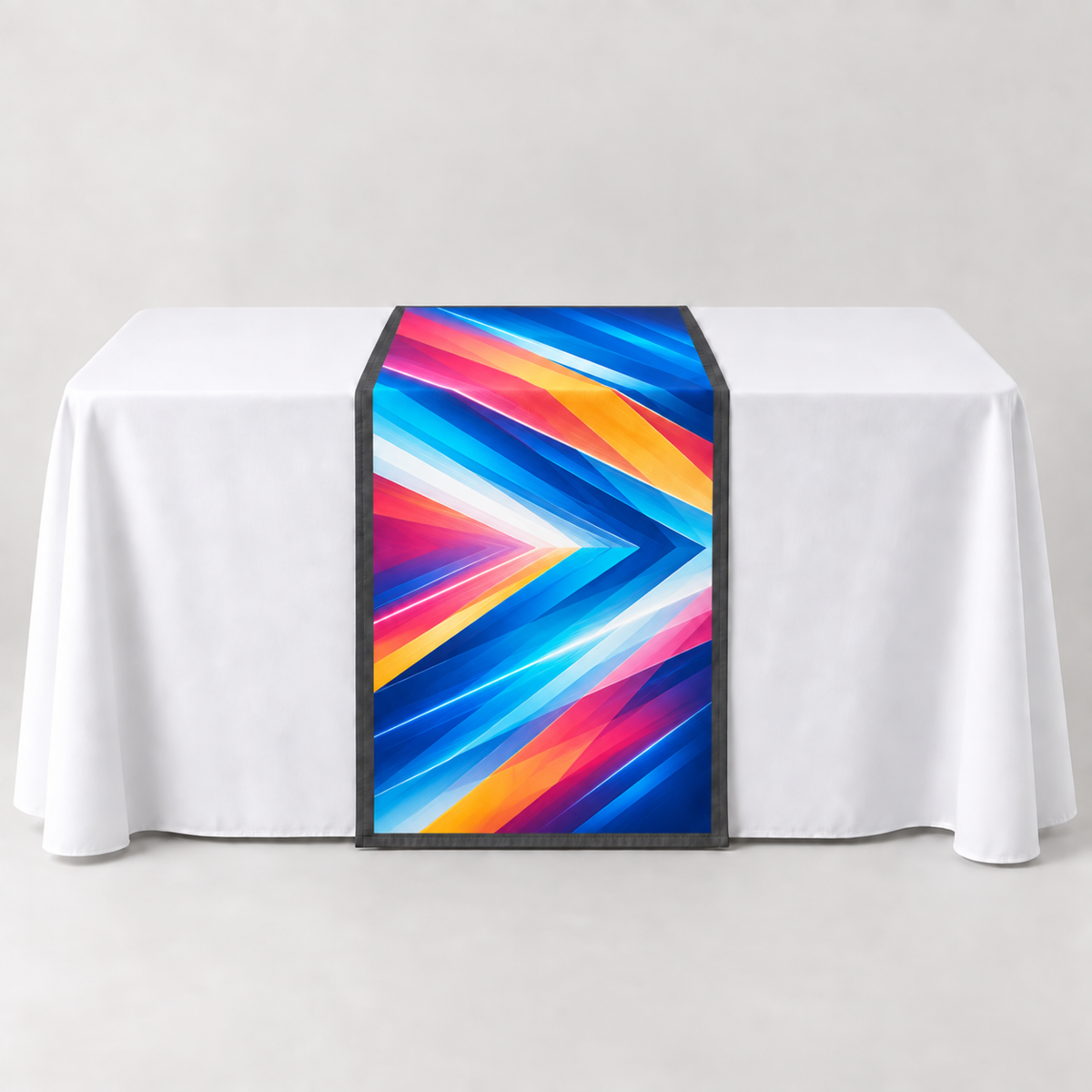 Charcoal Gray 30 × 60 inch table runner with a vibrant geometric custom-print example