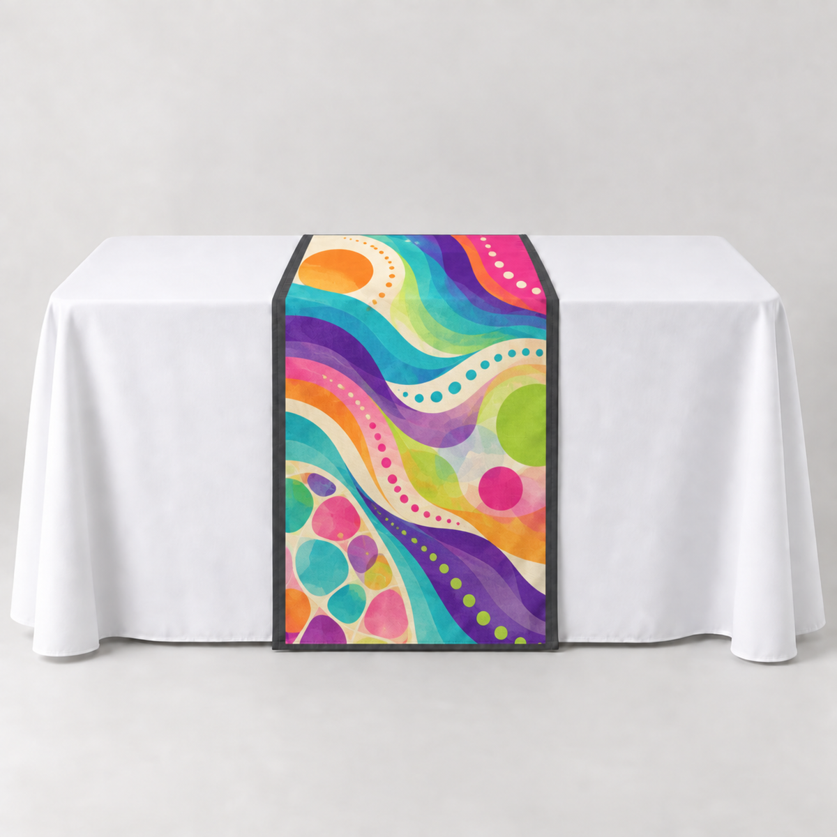 Charcoal Gray 30 × 60 inch table runner with a vibrant organic custom-print example