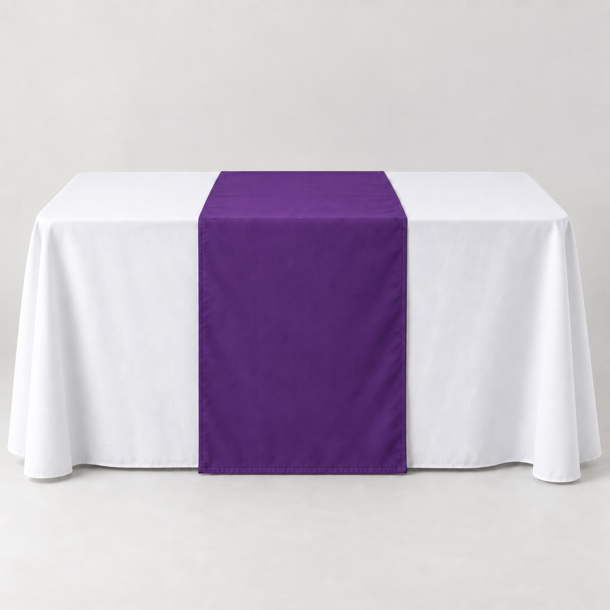 Blank Deep Purple 30 × 60 inch table runner displayed over a white event table