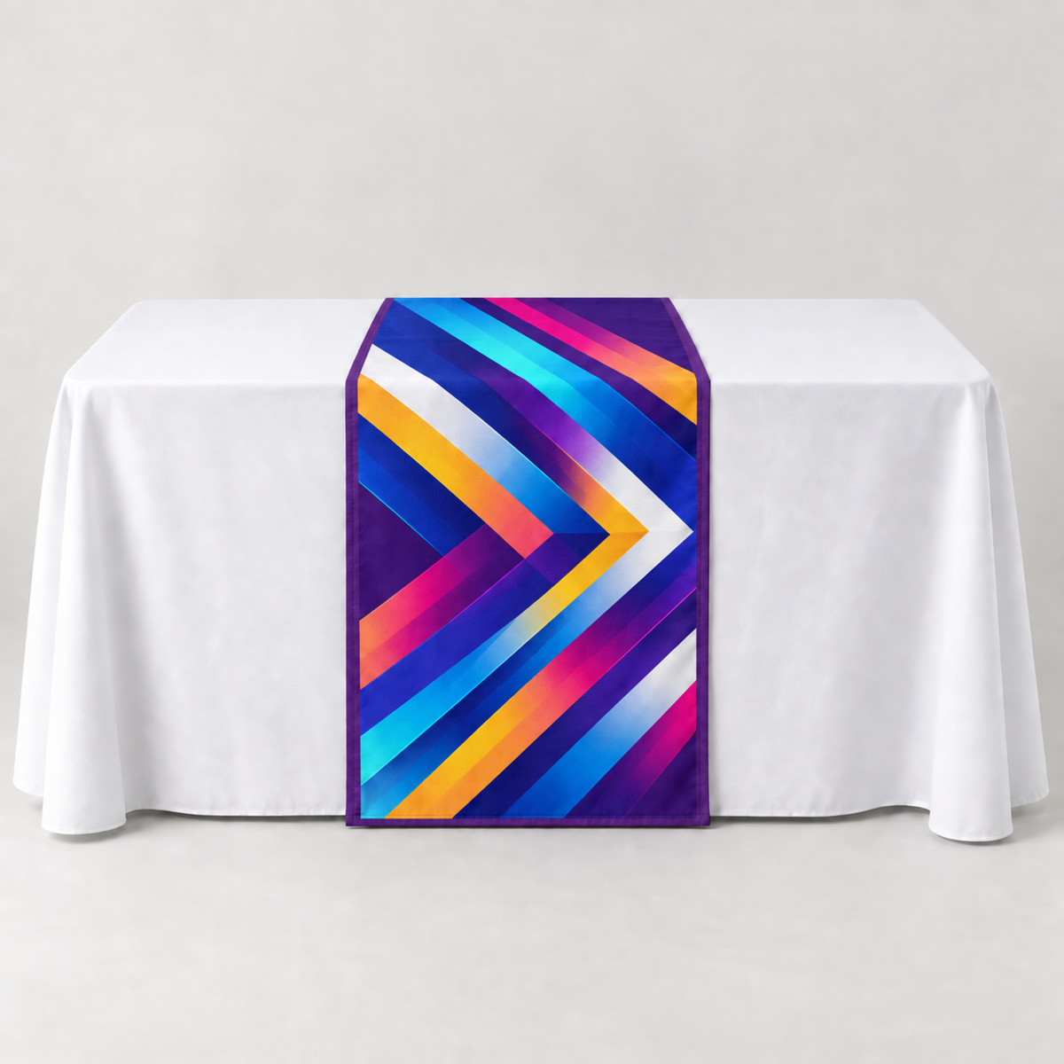 Deep Purple 30 × 60 inch table runner with a vibrant geometric custom-print example