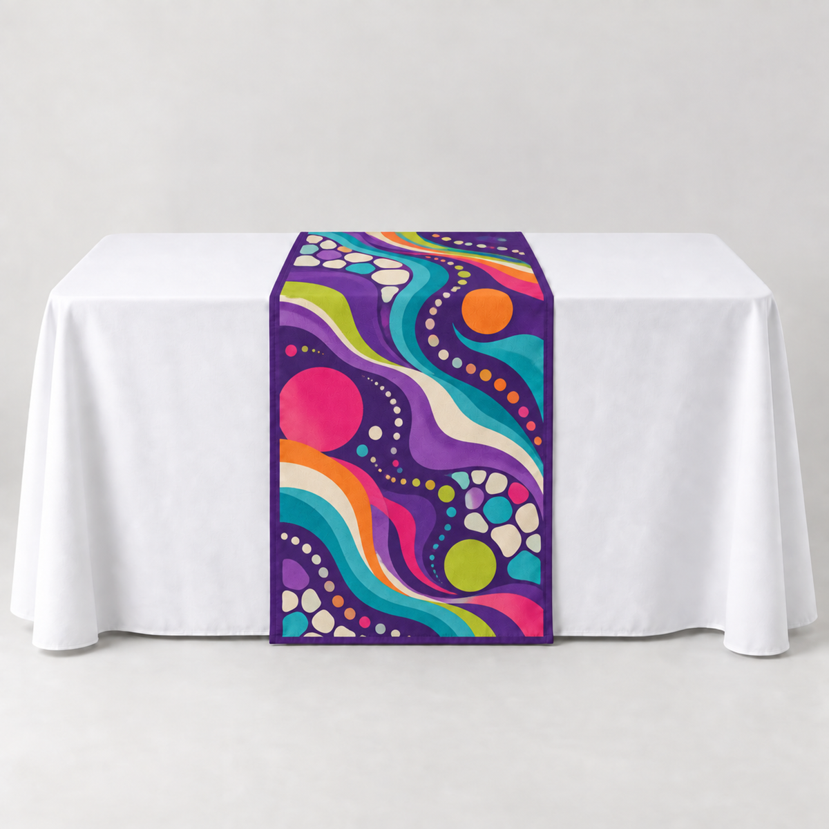 Deep Purple 30 × 60 inch table runner with a vibrant organic custom-print example