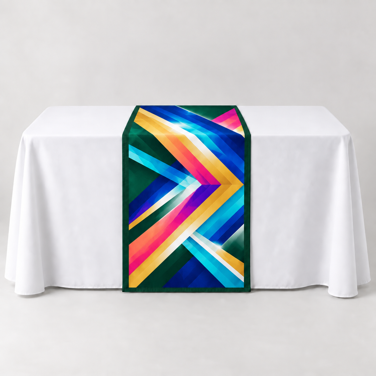 Forest Green 30 × 60 inch table runner with a vibrant geometric custom-print example
