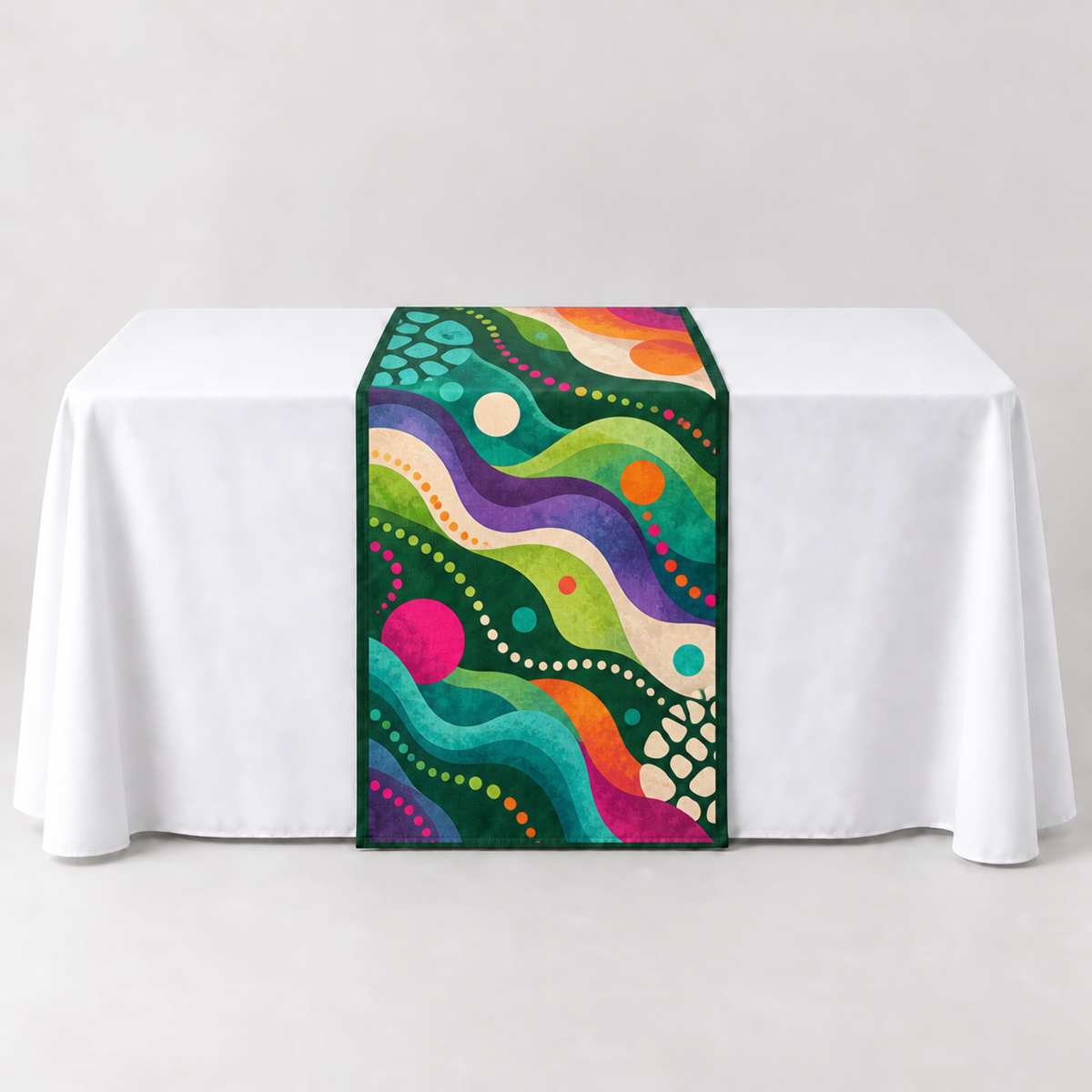 Forest Green 30 × 60 inch table runner with a vibrant organic custom-print example