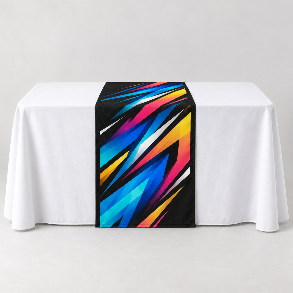 Jet Black 30 × 60 inch table runner with a vibrant geometric custom-print example