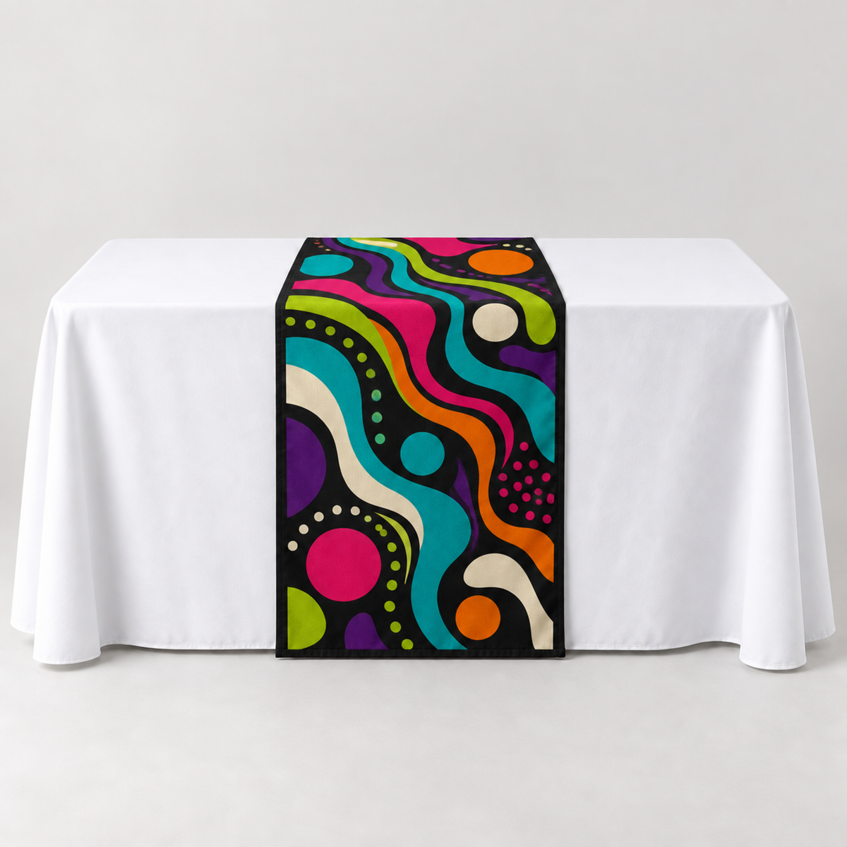 Jet Black 30 × 60 inch table runner with a vibrant organic custom-print example