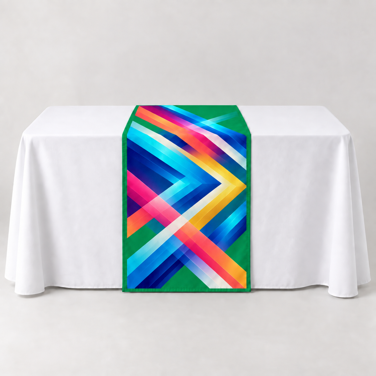 Kelly Green 30 × 60 inch table runner with a vibrant geometric custom-print example