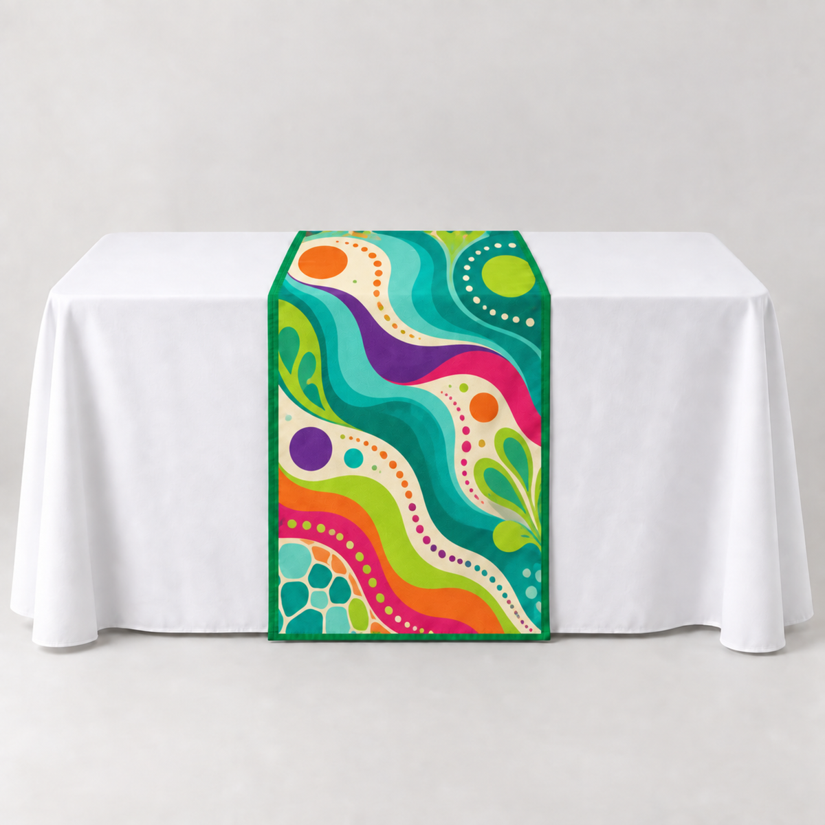Kelly Green 30 × 60 inch table runner with a vibrant organic custom-print example