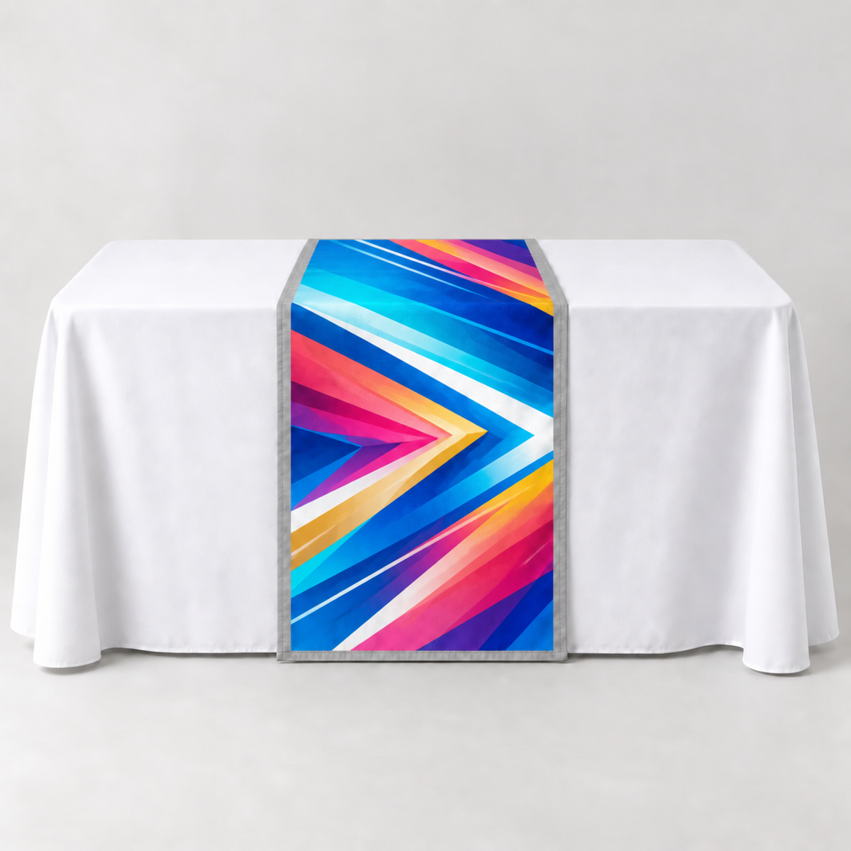 Light Silver 30 × 60 inch table runner with a vibrant geometric custom-print example