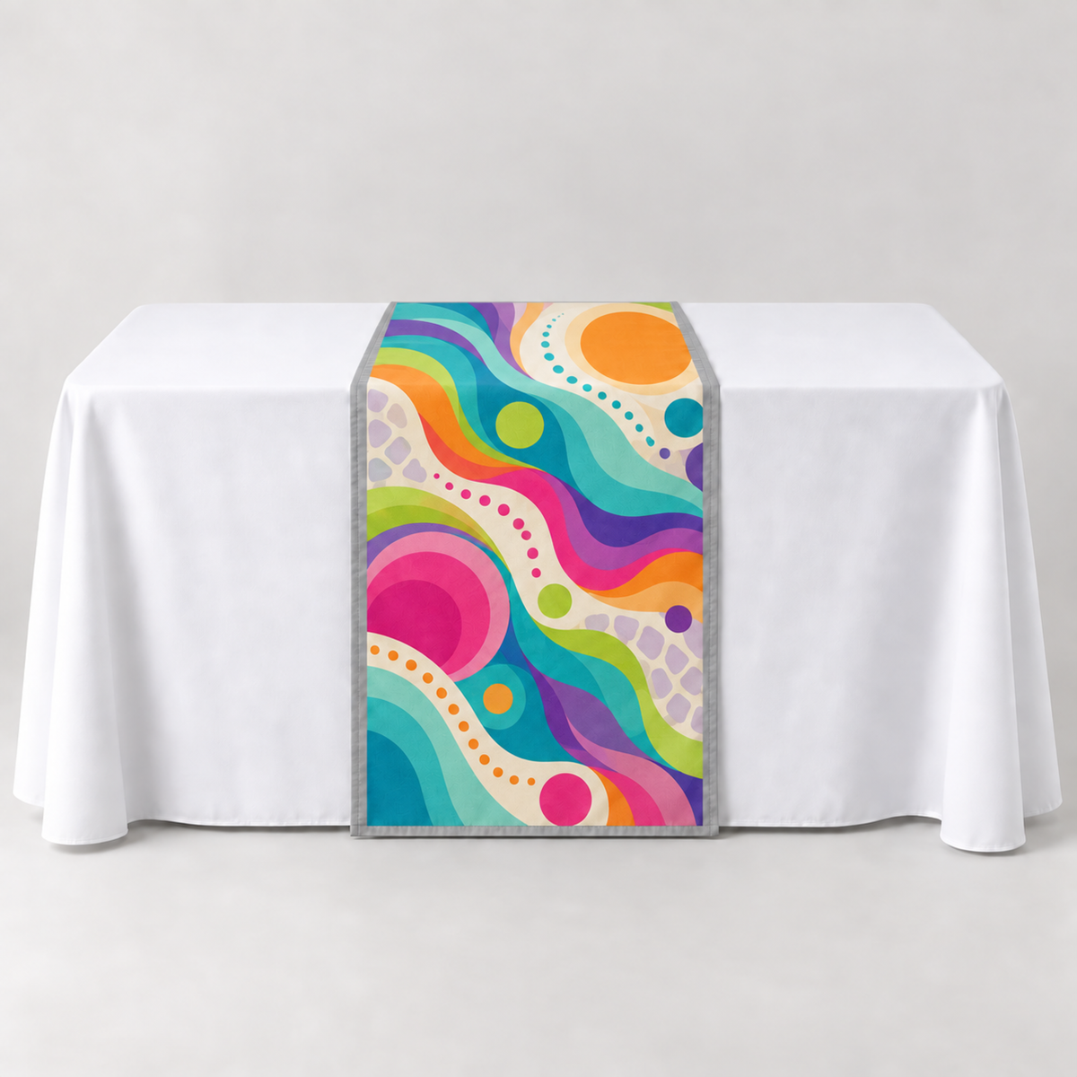 Light Silver 30 × 60 inch table runner with a vibrant organic custom-print example